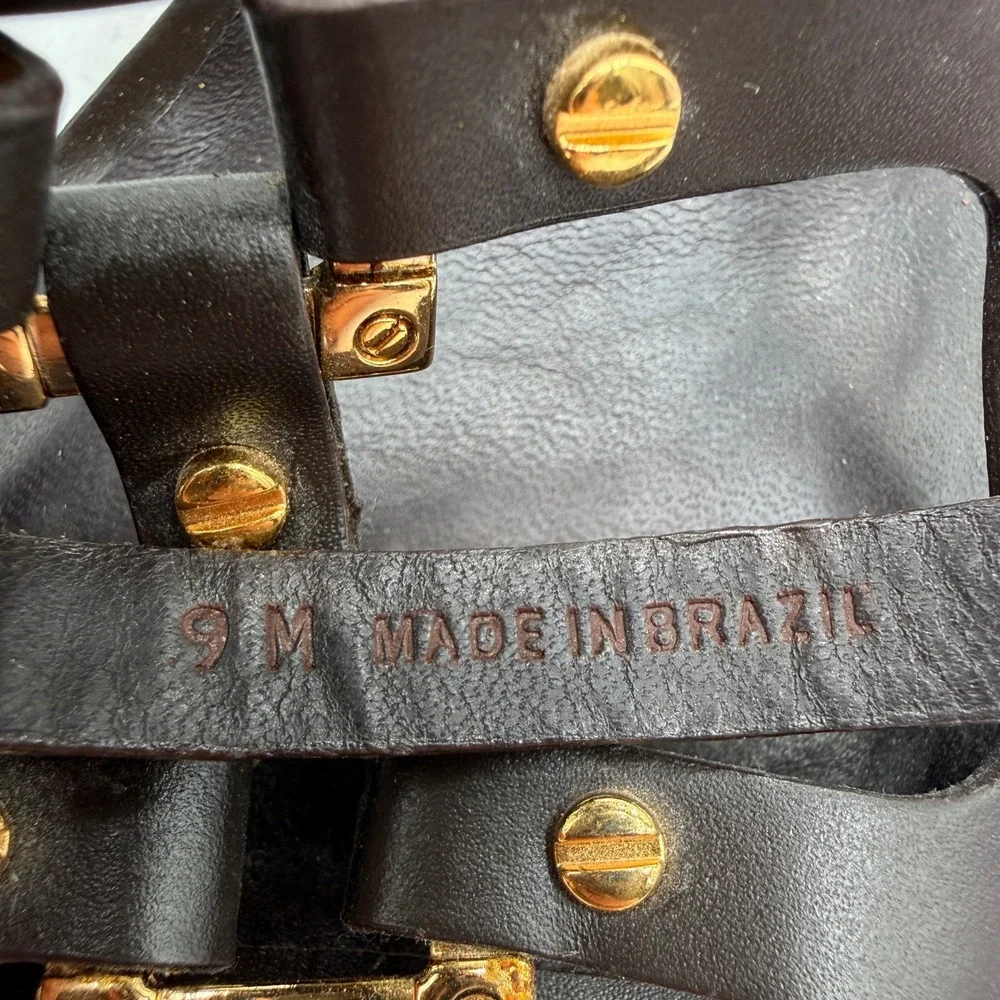 Tory Burch Francesca Gladiator Heels Double Buckle Leather Brown Gold Women 9M